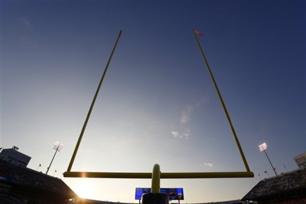 Goalposts are shown against the evening sky during the second half of a preseason NFL football game between the Buffalo Bills and Tampa Bay Buccaneers Saturday, Aug. 23, 2014, in Orchard Park, N.Y. The Buccaneers won the game 27-14. (AP Photo/Bill Wippert)
