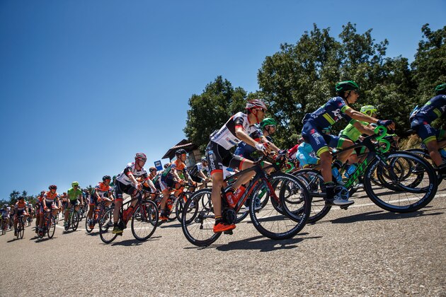 The pack rides during the first stage of the 38th edition of 'La Vuelta a Burgos' (Tour of Burgos), a 158 km ride from Sasamon to Melgar de Fernamental, in Burgos province on August 2, 2016. / AFP / CESAR MANSO        (Photo credit should read CESAR MANSO/AFP/Getty Images)
