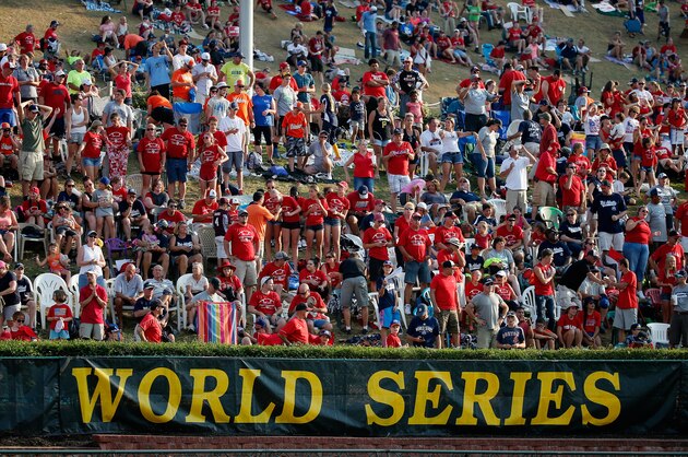 SOUTH WILLAMSPORT, PA - AUGUST 30: Fans cheer during the fifth inning of the Mid-Atlantic team from Red Land Little League of Lewisberry, Pennsylvania and team Japan game during the Little League World Series Championship game at Lamade Stadium on August 30, 2015 in South Willamsport, Pennsylvania.  (Photo by Rob Carr/Getty Images)