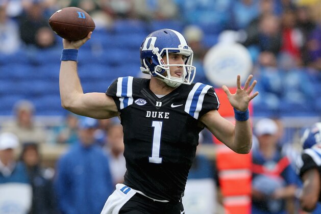 DURHAM, NC - SEPTEMBER 26: Thomas Sirk #1 of the Duke Blue Devils drops back to pass against the Georgia Tech Yellow Jackets during their game at Wallace Wade Stadium on September 26, 2015 in Durham, North Carolina. (Photo by Streeter Lecka/Getty Images) DURHAM, NC - SEPTEMBER 26: Thomas Sirk #1 of the Duke Blue Devils drops back to pass against the Georgia Tech Yellow Jackets during their game at Wallace Wade Stadium on September 26, 2015 in Durham, North Carolina. (Photo by Streeter Lecka/Getty Images)