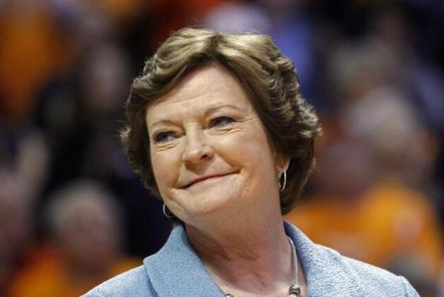 FILE - In this Jan. 28, 2013, file photo, former Tennessee women's basketball coach Pat Summitt smiles as a banner is raised in her honor before the team's NCAA college basketball game against Notre Dame in Knoxville, Tenn. Summitt, the winningest coach in Division I college basketball history who boosted women's game, has died at 64. (AP Photo/Wade Payne, File)