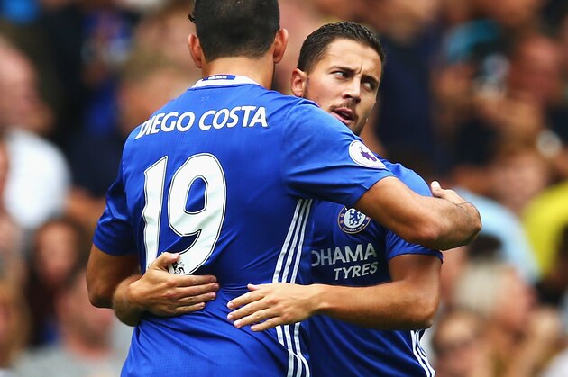LONDON, ENGLAND - AUGUST 27: Eden Hazard of Chelsea celebrates scoring his sides first goal with team mate Diego Costa of Chelsea during the Premier League match between Chelsea and Burnley at Stamford Bridge on August 27, 2016 in London, England.  (Photo by Steve Bardens/Getty Images)