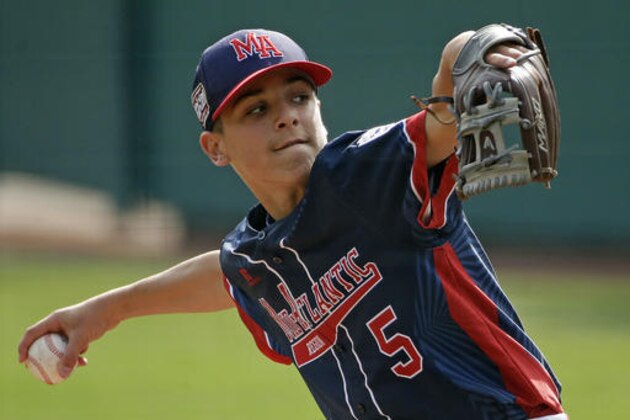 Endwell, N.Y. pitcher Michael Mancini delivers during the fourth inning of the United States championship baseball game against Goodlettsville, Tenn. at the Little League World Series tournament in South Williamsport, Pa., Saturday, Aug. 27, 2016. (AP Photo/Gene J. Puskar)