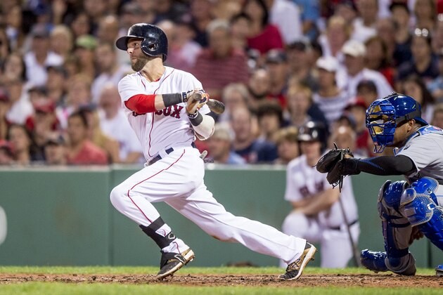 BOSTON, MA - AUGUST 27: Dustin Pedroia #15 of the Boston Red Sox hits an RBI single during the fourth inning of a game against the Kansas City Royals on August 27, 2016 at Fenway Park in Boston, Massachusetts. (Photo by Billie Weiss/Boston Red Sox/Getty Images)