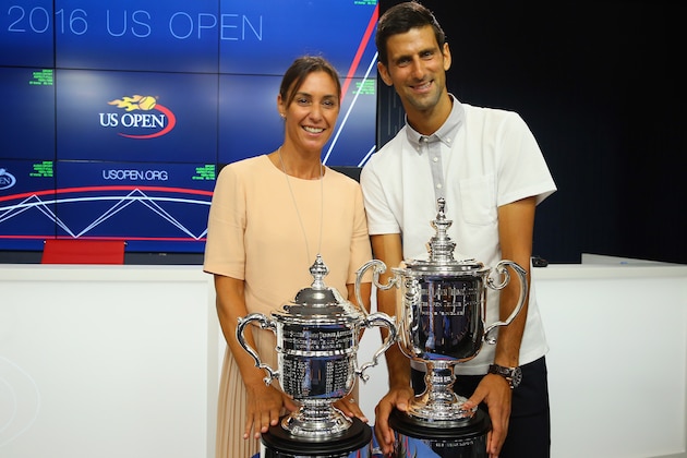 NEW YORK, NY - AUGUST 26:  Defending US Open champions Flavia Pennetta of Italy and Novak Djokovic of Serbia smile with the singles trophies during the Draw Ceremony prior to the start of the 2016 US Open at the USTA Billie Jean King National Tennis Center on August 26, 2016 in the Queens borough of New York City.  (Photo by Mike Stobe/Getty Images for USTA)