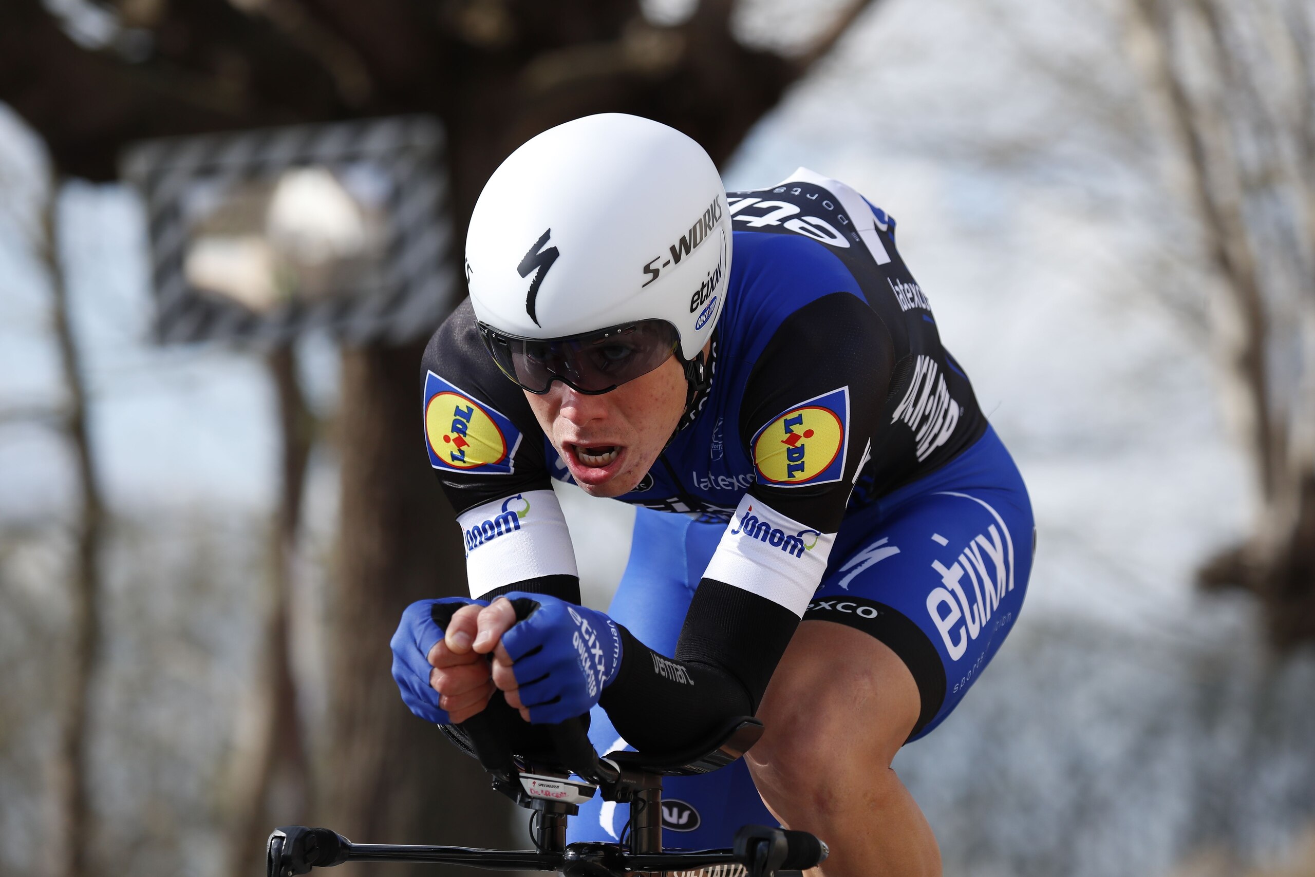 Spain's David De La Cruz competes during the 6,1 km individual time-trial of the opening prologue of the 74th edition of the Paris-Nice cycling race on March 6, 2016 in Conflans-Sainte-Honorine. / AFP / KENZO TRIBOUILLARD        (Photo credit should read KENZO TRIBOUILLARD/AFP/Getty Images)
