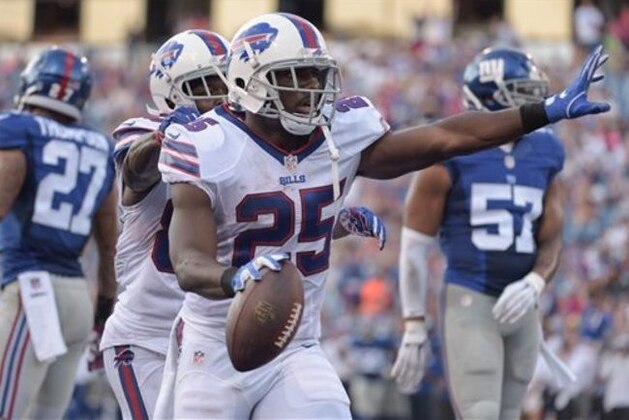 Buffalo Bills running back LeSean McCoy (25) reacts after scoring a touchdown against the New York Giants during the second quarter of a preseason NFL football game, Saturday, Aug. 20, 2016, in Buffalo, N.Y. (AP Photo/Gary Wiepert)