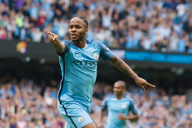 Manchester City's English midfielder Raheem Sterling celebrates after scoring the opening goal of the English Premier League football match between Manchester City and West Ham United at the Etihad Stadium in Manchester, north west England, on August 28, 2016. / AFP / JON SUPER / RESTRICTED TO EDITORIAL USE. No use with unauthorized audio, video, data, fixture lists, club/league logos or 'live' services. Online in-match use limited to 75 images, no video emulation. No use in betting, games or single club/league/player publications.  /         (Photo credit should read JON SUPER/AFP/Getty Images)