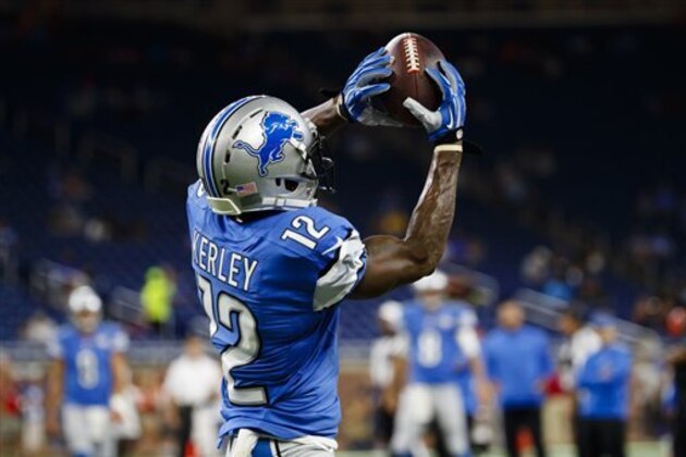 Detroit Lions wide receiver Jeremy Kerley (12) makes a catch during warm ups prior to an NFL football game against the Cincinnati Bengals at Ford Field in Detroit, Thursday, Aug. 18, 2016. (AP Photo/Rick Osentoski)