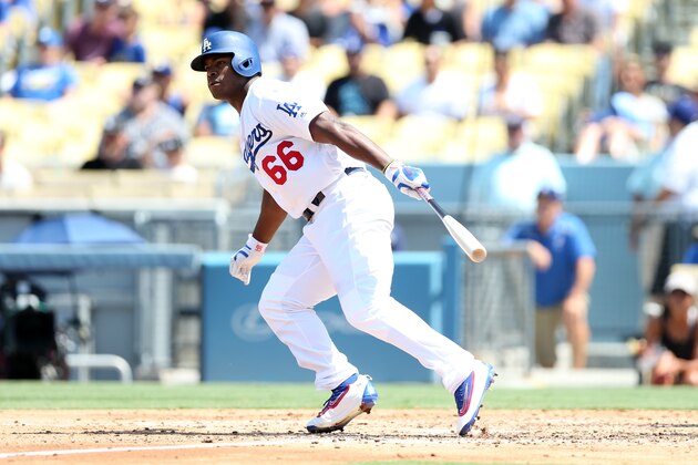LOS ANGELES, CA - JULY 31:  Yasiel Puig #66 of the Los Angeles Dodgers bats during the game against the Arizona Diamondbacks at Dodger Stadium on July 31, 2016 in Los Angeles, California.  The Dodgers defeated the Diamondbacks 14-3.  (Photo by Rob Leiter/MLB Photos via Getty Images)