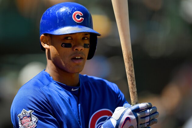 OAKLAND, CA - AUGUST 07:  Addison Russell #27 of the Chicago Cubs looks on from the on-deck circle against the Oakland Athletics in the top of the third inning at the Oakland Coliseum on August 7, 2016 in Oakland, California. The Cubs won the game 3-1.  (Photo by Thearon W. Henderson/Getty Images)