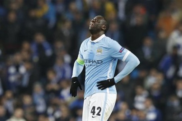Manchester City's Yaya Toure grimaces as he looks up following a tackle during the Champions League round of 16 second leg soccer match between Manchester City and Dynamo Kiev at the Etihad Stadium, Manchester, England, Tuesday, March. 15, 2016. (AP Photo/Jon Super)