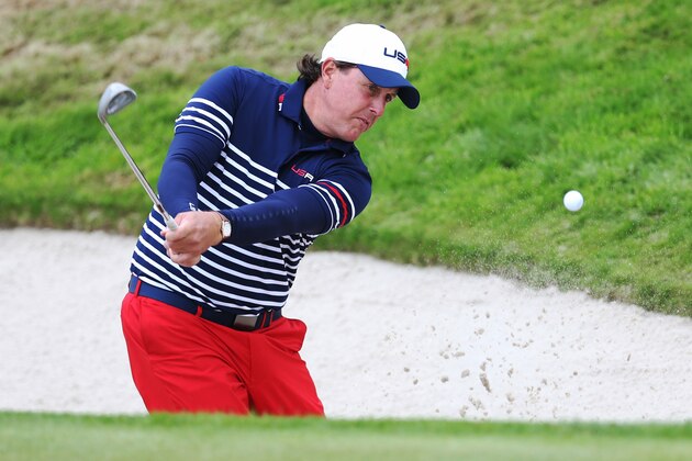 AUCHTERARDER, SCOTLAND - SEPTEMBER 28:  Phil Mickelson in action during the Singles Matches of the 2014 Ryder Cup on the PGA Centenary course at the Gleneagles Hotel on September 28, 2014 in Auchterarder, Scotland (Photo by Ian MacNicol/Getty Images)