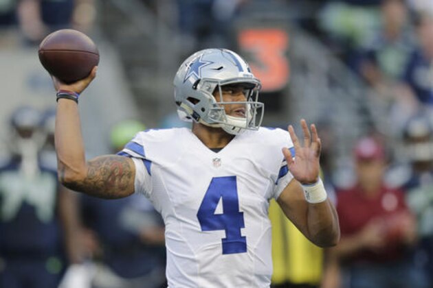 FILE - This Aug. 25, 2016 file photo shows Dallas Cowboys quarterback Dak Prescott passing against the Seattle Seahawks during the first half of a preseason NFL football game in Seattle. Prescott grew up rooting for the Dallas Cowboys in Louisiana and suddenly finds himself in line to start their opener as a rookie quarterback with Tony Romo sidelined by yet another back injury. (AP Photo/Stephen Brashear, file)