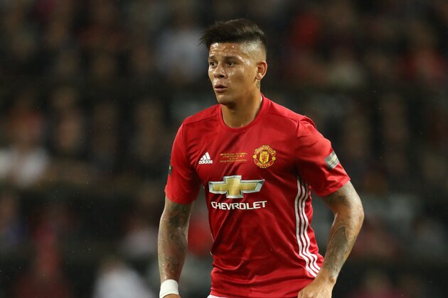 MANCHESTER, ENGLAND - AUGUST 03: Marcos Rojo of Manchester United during the Wayne Rooney Testimonial match between Manchester United and Everton at Old Trafford on August 3, 2016 in Manchester, England.  (Photo by Matthew Ashton - AMA/Getty Images)
