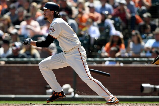 SAN FRANCISCO, CA - AUGUST 28:  Jarrett Parker #6 of the San Francisco Giants hits a base hit against the Atlanta Braves in the bottom of the fourth inning at AT&T Park on August 28, 2016 in San Francisco, California.  (Photo by Thearon W. Henderson/Getty Images)