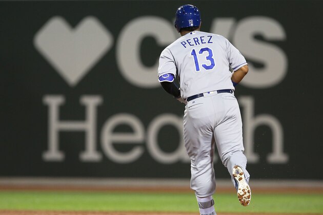 BOSTON, MA - AUGUST 28:  Salvador Perez #13 of the Kansas City Royals rounds the bases after hitting a solo home run in the second inning during a game against the Boston Red Sox on August 28, 2016 at Fenway Park in Boston, Massachusetts.  (Photo by Adam Glanzman/Getty Images)