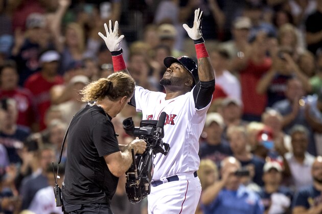 BOSTON, MA - AUGUST 28: David Ortiz #34 of the Boston Red Sox reacts after hitting a solo home run during the fourth inning of a game against the Kansas City Royals on August 28, 2016 at Fenway Park in Boston, Massachusetts. (Photo by Billie Weiss/Boston Red Sox/Getty Images)