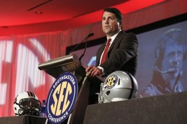 South Carolina coach Will Muschamp speaks to the media at the Southeastern Conference NCAA college football media days, Thursday, July 14, 2016, in Hoover, Ala. (AP Photo/Brynn Anderson)