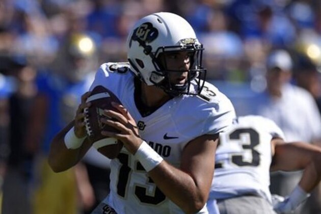 Colorado quarterback Sefo Liufau gets set to pass during the first half of an NCAA college football game against UCLA, Saturday, Oct. 31, 2015, in Pasadena, Calif. (AP Photo/Mark J. Terrill)