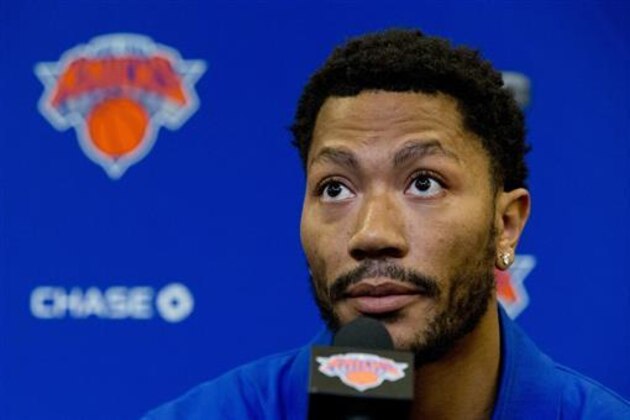 Derrick Rose speaks during a news conference at Madison Square Garden, Friday, June 24, 2016, in New York. The New York Knicks introduced Rose, the former NBA basketball MVP they acquired from the Chicago Bulls. (AP Photo/Mary Altaffer)