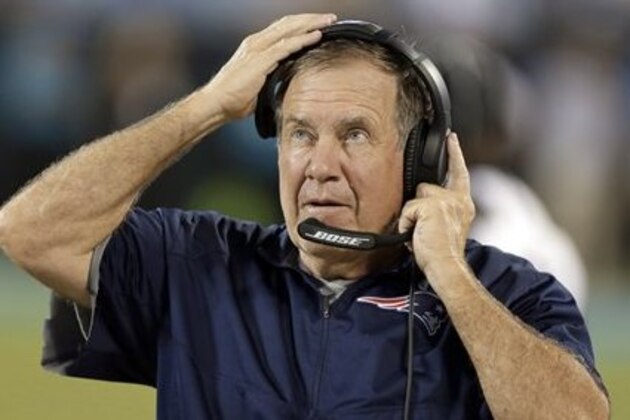 New England Patriots head coach Bill Belichick looks at a video board during the second half of a preseason NFL football game against the Carolina Panthers in Charlotte, N.C., Friday, Aug. 26, 2016. (AP Photo/Bob Leverone)