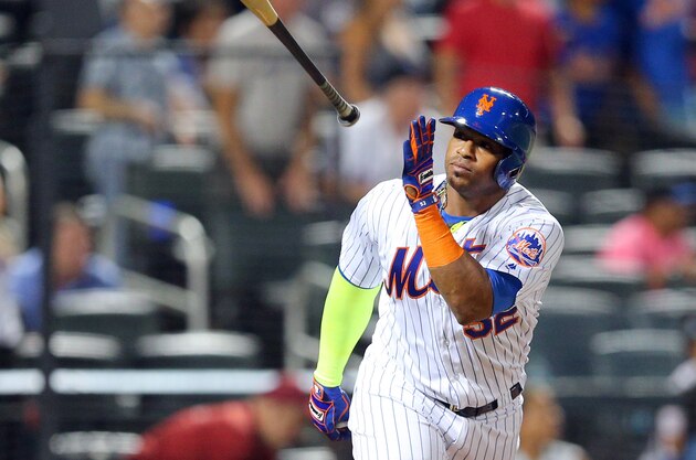 Aug 29, 2016; New York City, NY, USA; New York Mets left fielder Yoenis Cespedes (52) flips his bat after hitting a walk off solo home run against the Miami Marlins during the tenth inning at Citi Field. Mandatory Credit: Brad Penner-USA TODAY Sports Aug 29, 2016; New York City, NY, USA; New York Mets left fielder Yoenis Cespedes (52) flips his bat after hitting a walk off solo home run against the Miami Marlins during the tenth inning at Citi Field. Mandatory Credit: Brad Penner-USA TODAY Sports
