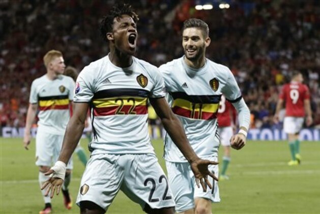 Belgium's Michy Batshuayi celebrates after scoring his side's second goal during the Euro 2016 round of 16 soccer match between Hungary and Belgium, at the Stadium municipal in Toulouse, France, Sunday, June 26, 2016. (AP Photo/Petr David Josek)