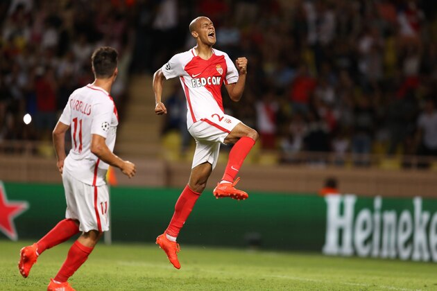 Monaco's Brazilian defender Fabinho celebrates after scoring a goal during the UEFA Champions League second leg play off football match between AS Monaco and Villarreal CF on August 23, 2016 at the Louis II Stadium in Monaco. / AFP / VALERY HACHE        (Photo credit should read VALERY HACHE/AFP/Getty Images)