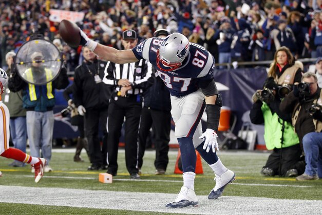 Jan 16, 2016; Foxborough, MA, USA; New England Patriots tight end Rob Gronkowski (87) celebrates after scoring a touchdown against the Kansas City Chiefs during the third quarter in the AFC Divisional round playoff game at Gillette Stadium. Mandatory Credit: Greg M. Cooper-USA TODAY Sports