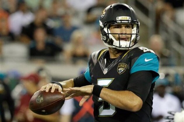 Jacksonville Jaguars quarterback Blake Bortles looks for a receiver during the first half of an NFL preseason football game against the Cincinnati Bengals in Jacksonville, Fla., Sunday, Aug. 28, 2016.(AP Photo/John Raoux)