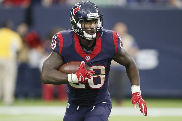 HOUSTON, TX - NOVEMBER 29:  Alfred Blue #28 of the Houston Texans rushes with the ball in the second half against the New Orleans Saints at NRG Stadium on November 29, 2015 in Houston, Texas.  (Photo by Bob Levey/Getty Images)
