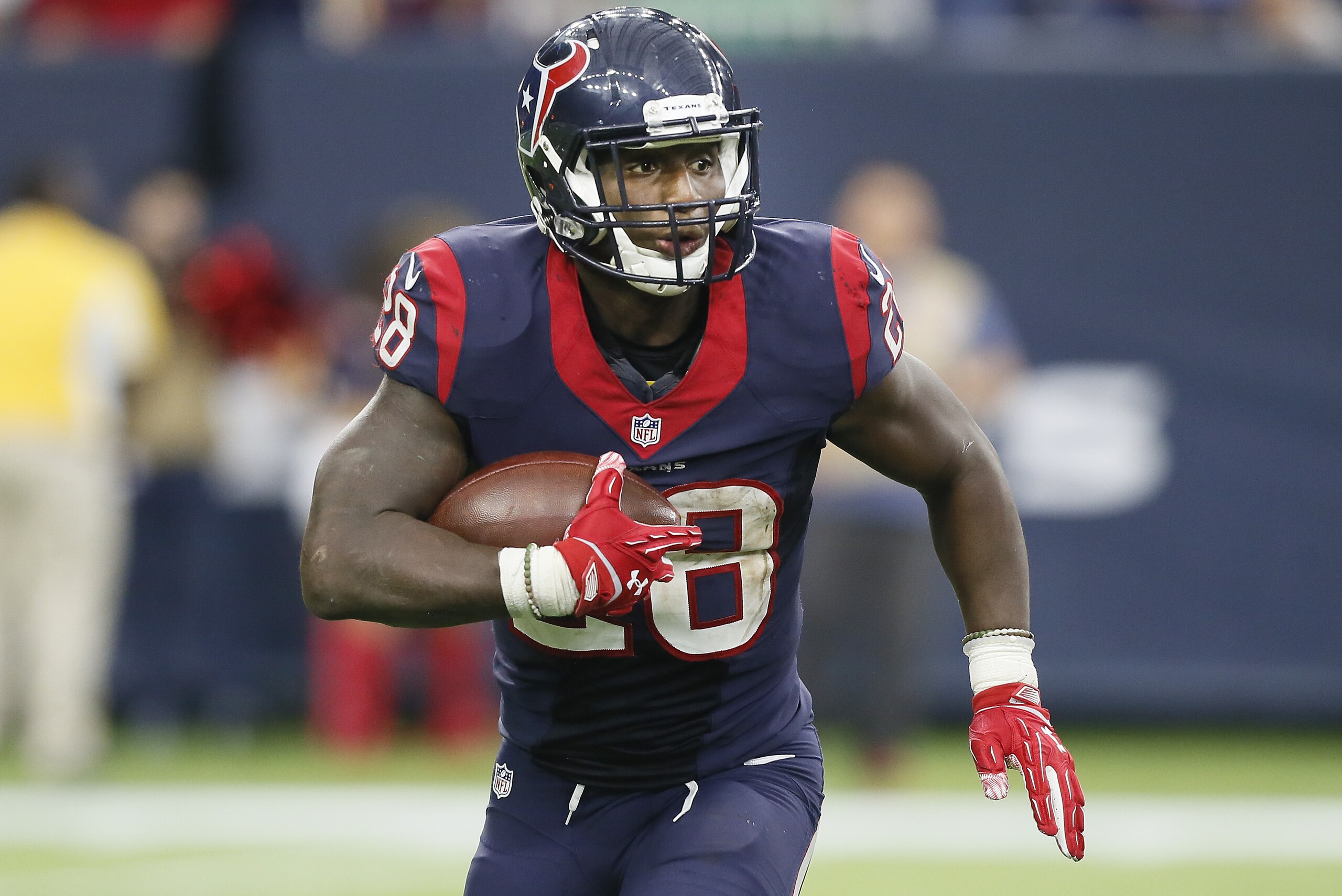 HOUSTON, TX - NOVEMBER 29: Alfred Blue #28 of the Houston Texans rushes with the ball in the second half against the New Orleans Saints at NRG Stadium on November 29, 2015 in Houston, Texas. (Photo by Bob Levey/Getty Images) HOUSTON, TX - NOVEMBER 29: Alfred Blue #28 of the Houston Texans rushes with the ball in the second half against the New Orleans Saints at NRG Stadium on November 29, 2015 in Houston, Texas. (Photo by Bob Levey/Getty Images)