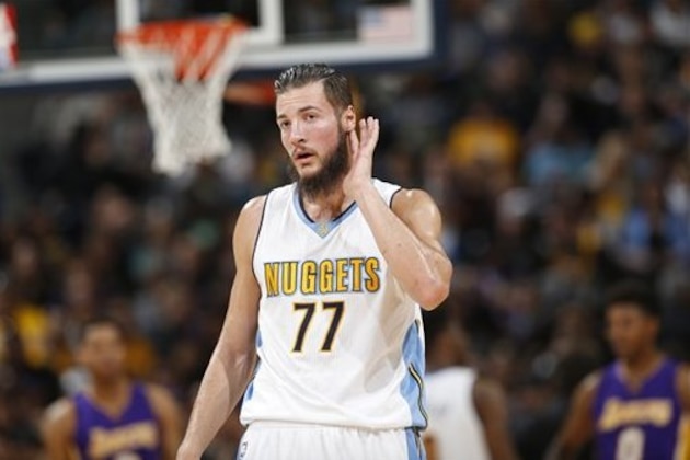 Denver Nuggets center Joffrey Lauvergne (77) in the second half of an NBA basketball game Wednesday, March 2, 2016, in Denver. The Nuggets won 117-107. (AP Photo/David Zalubowski)
