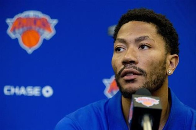 Derrick Rose speaks during a news conference at Madison Square Garden, Friday, June 24, 2016, in New York. The New York Knicks introduced Rose, the former NBA basketball MVP they acquired from the Chicago Bulls. (AP Photo/Mary Altaffer)