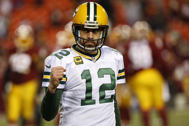 LANDOVER, MD - JANUARY 10: Quarterback Aaron Rodgers #12 of the Green Bay Packers celebrates after the Green Bay Packers defeated the Washington Redskins 35-18 during the NFC Wild Card Playoff game at FedExField on January 10, 2016 in Landover, Maryland. (Photo by Rob Carr/Getty Images)
