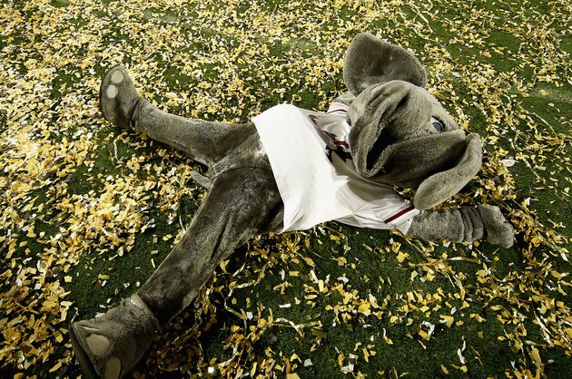 GLENDALE, AZ - JANUARY 11:  The Alabama Crimson Tide mascot Big Al celebrates after defeating the Clemson Tigers in the 2016 College Football Playoff National Championship Game at University of Phoenix Stadium on January 11, 2016 in Glendale, Arizona.  The Crimson Tide defeated the Tigers with a score of 45 to 40.  (Photo by Sean M. Haffey/Getty Images)