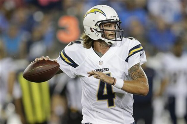 San Diego Chargers quarterback Zach Mettenberger (4) works against the Tennessee Titans during the second half of an NFL preseason football game, Saturday, Aug. 13, 2016, in Nashville, Tenn. (AP Photo/James Kenney)