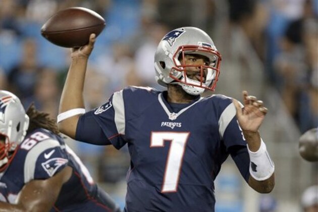 New England Patriots' Jacoby Brissett (7) looks to pass against the Carolina Panthers during the second half of a preseason NFL football game in Charlotte, N.C., Friday, Aug. 26, 2016. (AP Photo/Bob Leverone)