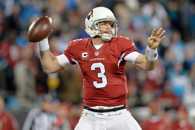 CHARLOTTE, NC - JANUARY 24:  Carson Palmer #3 of the Arizona Cardinals throws a pass in the first half against the Carolina Panthers during the NFC Championship Game at Bank of America Stadium on January 24, 2016 in Charlotte, North Carolina.  (Photo by Grant Halverson/Getty Images)