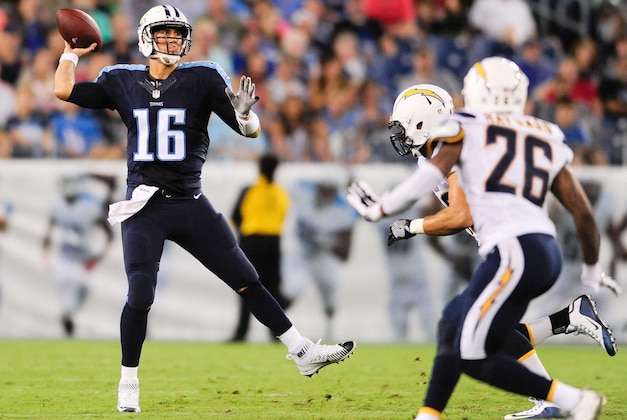 Aug 13, 2016; Nashville, TN, USA; Tennessee Titans quarterback Matt Cassel (16) throws the ball during the first half against San Diego Chargers at Nissan Stadium. Mandatory Credit: Joshua Lindsey-USA TODAY Sports