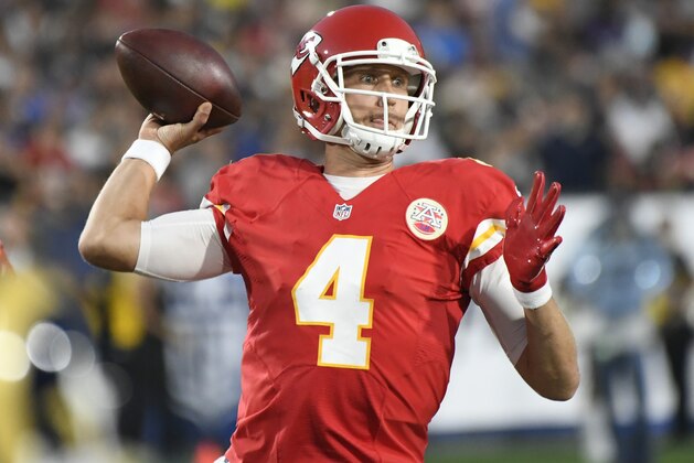 Aug 20, 2016; Los Angeles, CA, USA; Kansas City Chiefs quarterback Nick Foles (4) throws the ball during the second quarter against the Los Angeles Rams at Los Angeles Memorial Coliseum. Mandatory Credit: Richard Mackson-USA TODAY Sports