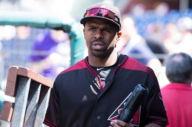Jun 18, 2016; Philadelphia, PA, USA; Arizona Diamondbacks center fielder Michael Bourn in the dugout before action against the Philadelphia Phillies at Citizens Bank Park. The Arizona Diamondbacks won 4-1. Mandatory Credit: Bill Streicher-USA TODAY Sports