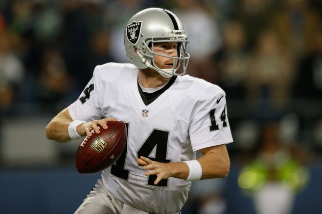 SEATTLE, WA - SEPTEMBER 03:  Quarterback Matt McGloin #14 of the Oakland Raiders in action against the Seattle Seahawks at CenturyLink Field on September 3, 2015 in Seattle, Washington.  (Photo by Otto Greule Jr/Getty Images)