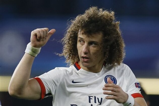 PSG's David Luiz celebrates after the round of sixteen second leg Champions League soccer match between Chelsea and Paris Saint-Germain at Stamford Bridge stadium in London, Wednesday, March 9, 2016. PSG won the match with a 2-1 score (4-2 on aggregate).(AP Photo/Kirsty Wigglesworth)