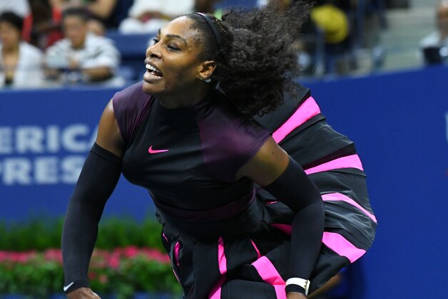 Aug 30, 2016; New York, NY, USA; Serena Williams of the USA hits to Ekaterina Makarova of Russia on day two of the 2016 U.S. Open tennis tournament at USTA Billie Jean King National Tennis Center. Mandatory Credit: Robert Deutsch-USA TODAY Sports