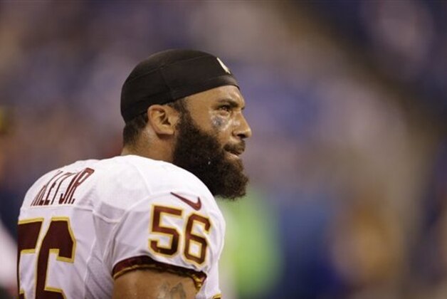 Washington Redskins inside linebacker Perry Riley on the bench during the second half of an NFL football game against the Indianapolis Colts Sunday, Nov. 30, 2014, in Indianapolis. The Colts defeated the Redskins 49-27. (AP Photo/Darron Cummings)