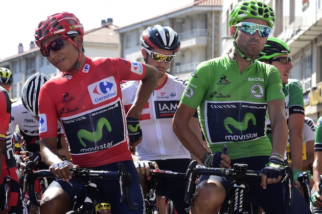 Movistar's Colombian cyclist Nairo Quintana (L) and Movistar's Spanish cyclist Alejandro Valverde (2nd R) wait for the start of the 12th stage of the 71st edition of 'La Vuelta' Tour of Spain, a 193,2 km route between Los corrales de Buelna and Bilbao on September 1, 2016. / AFP / JOSE JORDAN        (Photo credit should read JOSE JORDAN/AFP/Getty Images)