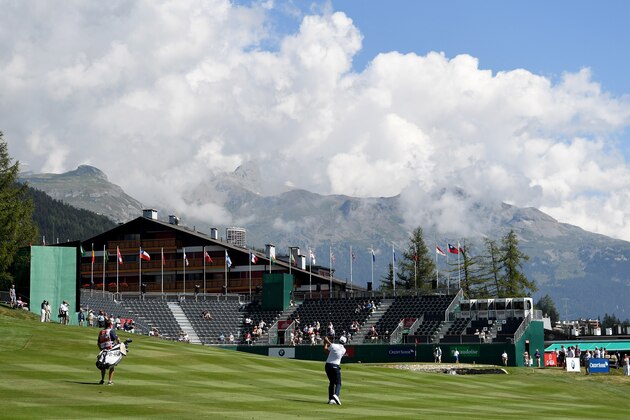 CRANS-MONTANA, SWITZERLAND - SEPTEMBER 01:  Julien Quesne of France on the par four 18th hole during the first round of the Omega European Masters at Crans-sur-Sierre Golf Club on September 1, 2016 in Crans-Montana, Switzerland.  (Photo by Ross Kinnaird/Getty Images)