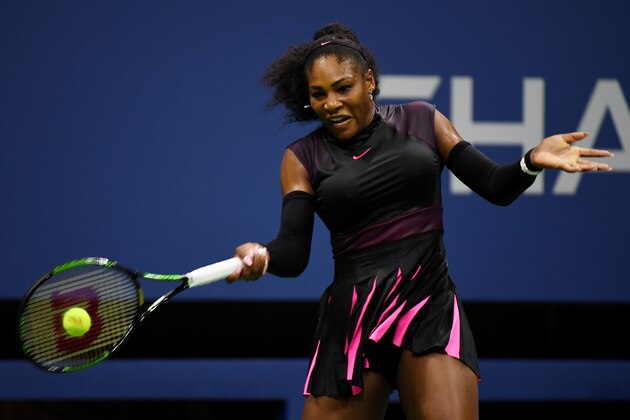 NEW YORK, NY - AUGUST 30:  Serena Williams of the United States returns a shot to Ekaterina Makarova of Russia during her first round Women's Singles match on Day Two of the 2016 US Open at the USTA Billie Jean King National Tennis Center on August 30, 2016 in the Flushing neighborhood of the Queens borough of New York City.  (Photo by Mike Hewitt/Getty Images)